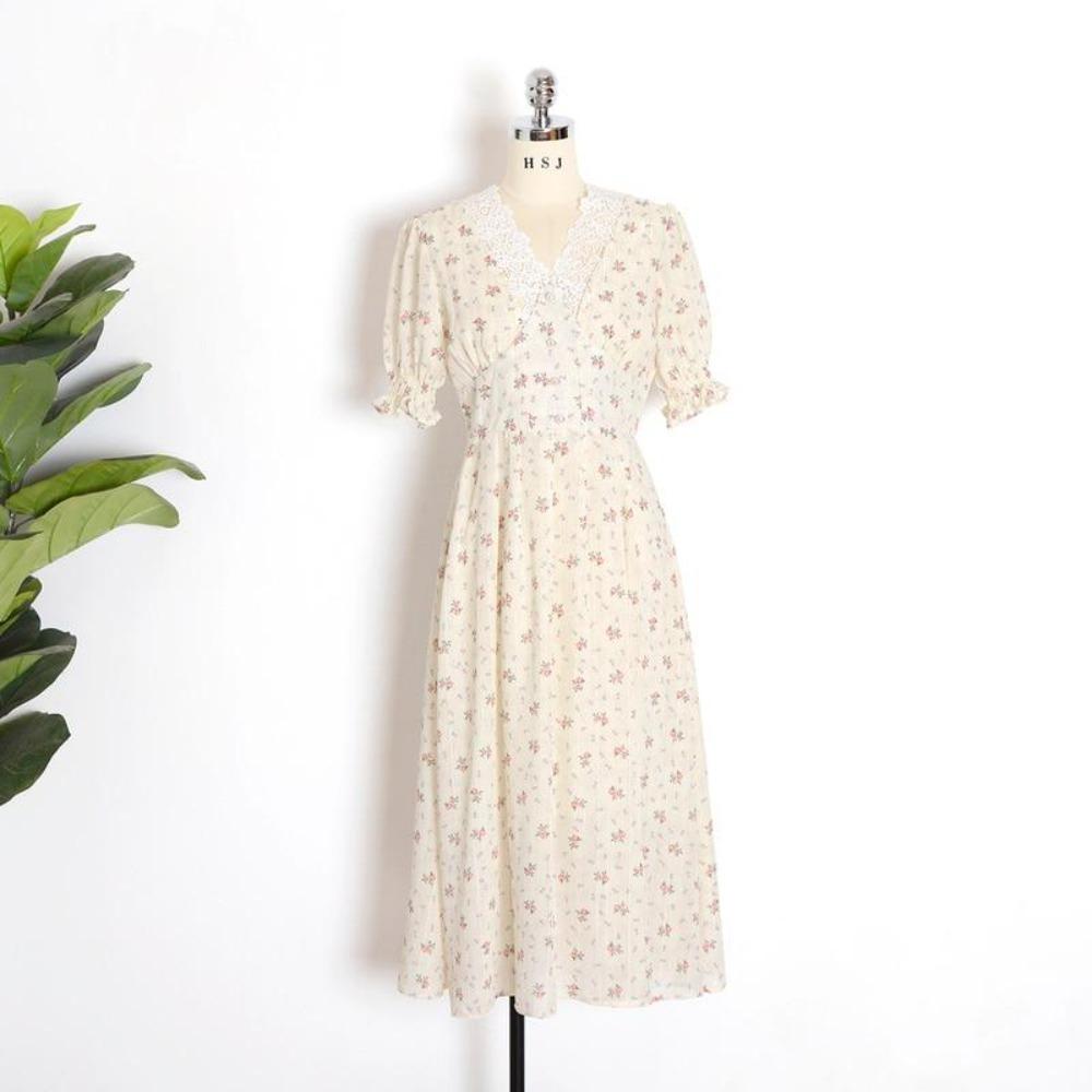 Floral Print Puff Sleeve V-Neck Midi Lace Chiffon Dress (2 Colors ) S-XL